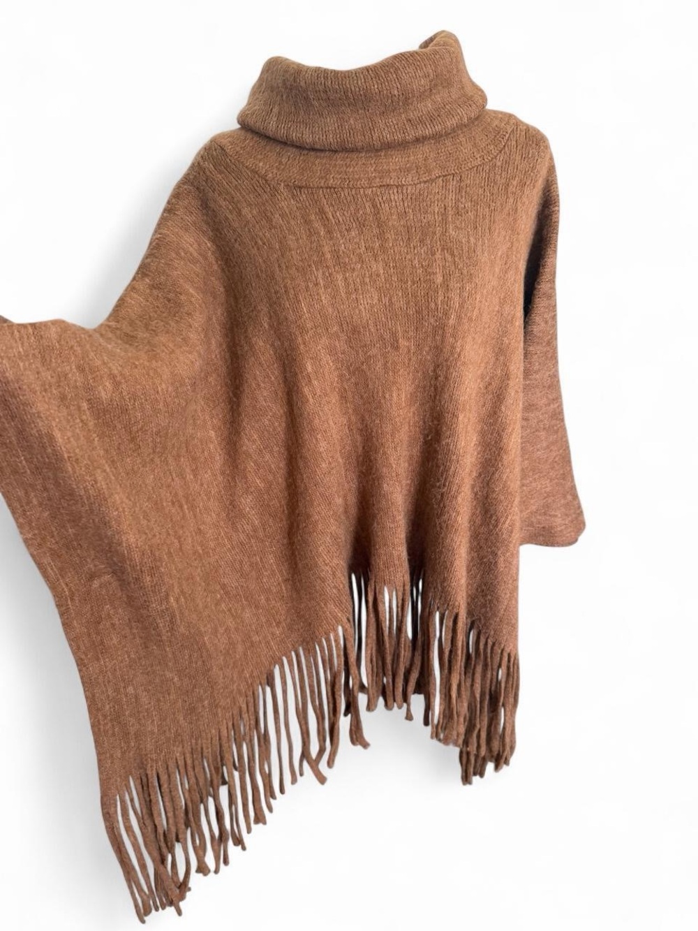 Brown Fringe Poncho Cape Tan Western Boho One Size Rolled Neck Mock Neck Cowgirl